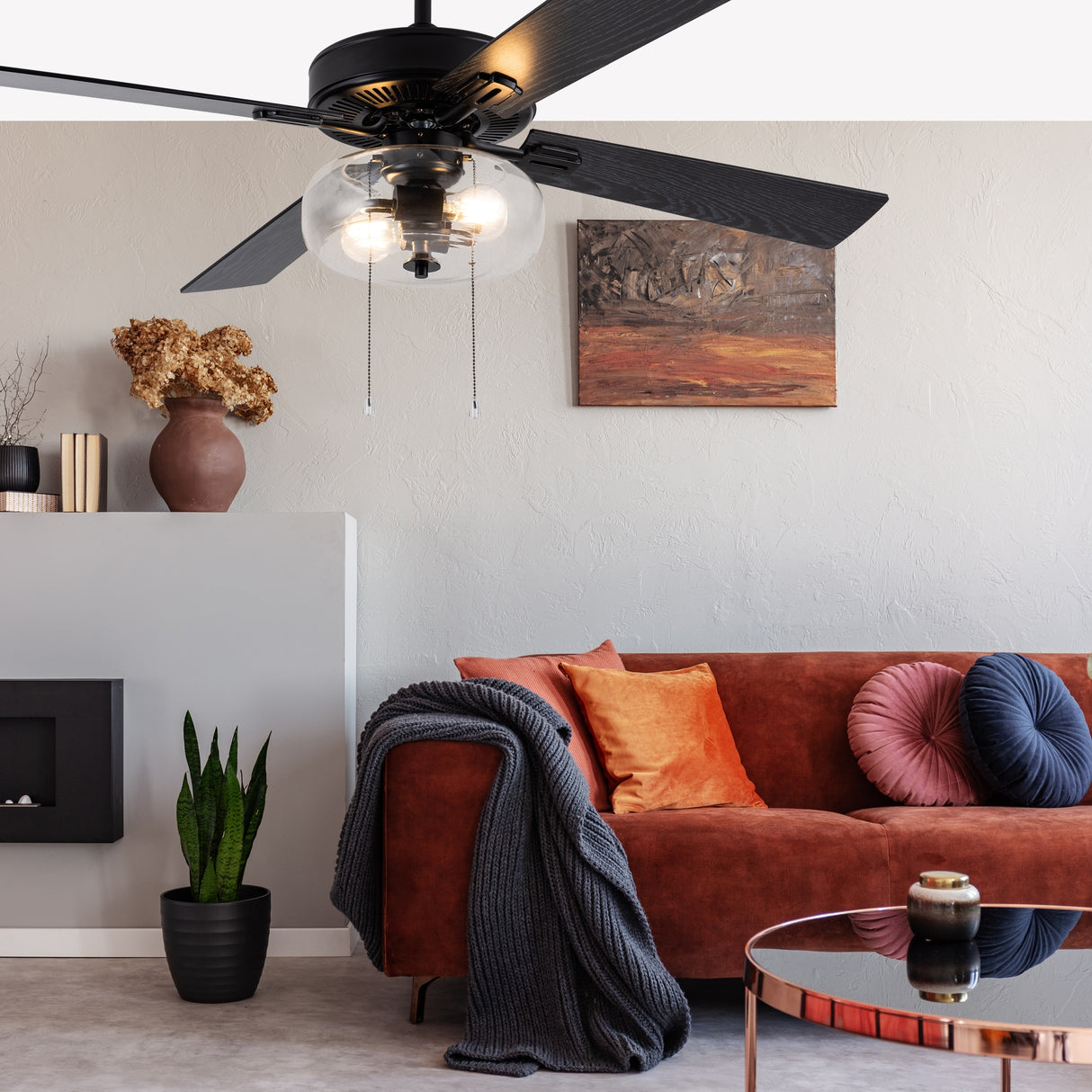 Aya River of Goods Black Metal and Glass 52-Inch Ceiling Fan with Light - 52" x 52" x 13.5"/18.5"