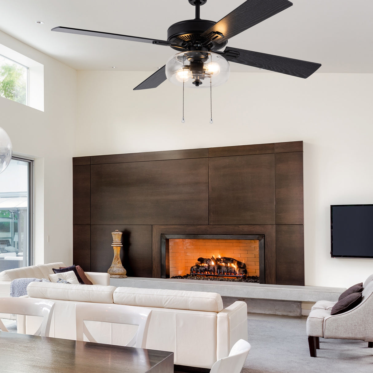 Aya River of Goods Black Metal and Glass 52-Inch Ceiling Fan with Light - 52" x 52" x 13.5"/18.5"