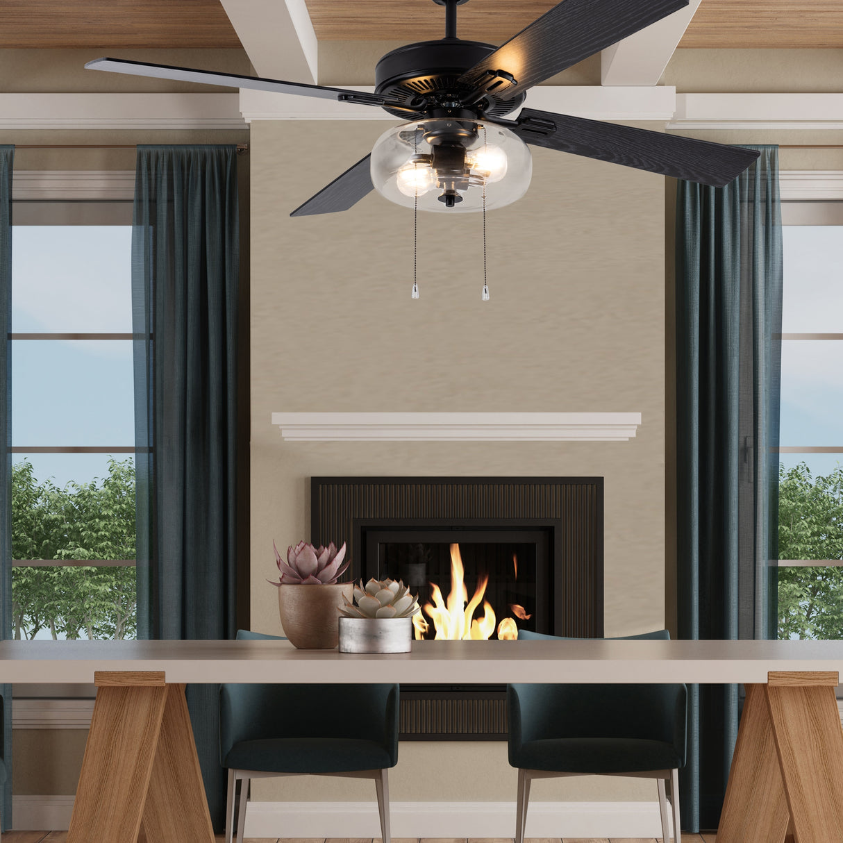 Aya River of Goods Black Metal and Glass 52-Inch Ceiling Fan with Light - 52" x 52" x 13.5"/18.5"