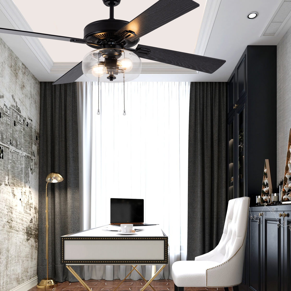 Aya River of Goods Black Metal and Glass 52-Inch Ceiling Fan with Light - 52" x 52" x 13.5"/18.5"