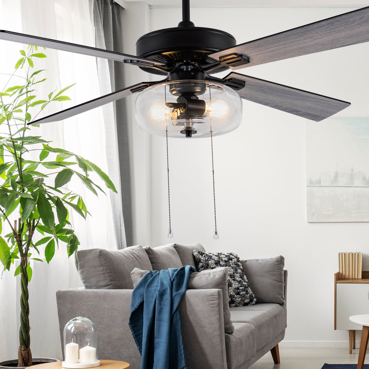 Aya River of Goods Black Metal and Glass 52-Inch Ceiling Fan with Light - 52" x 52" x 13.5"/18.5"