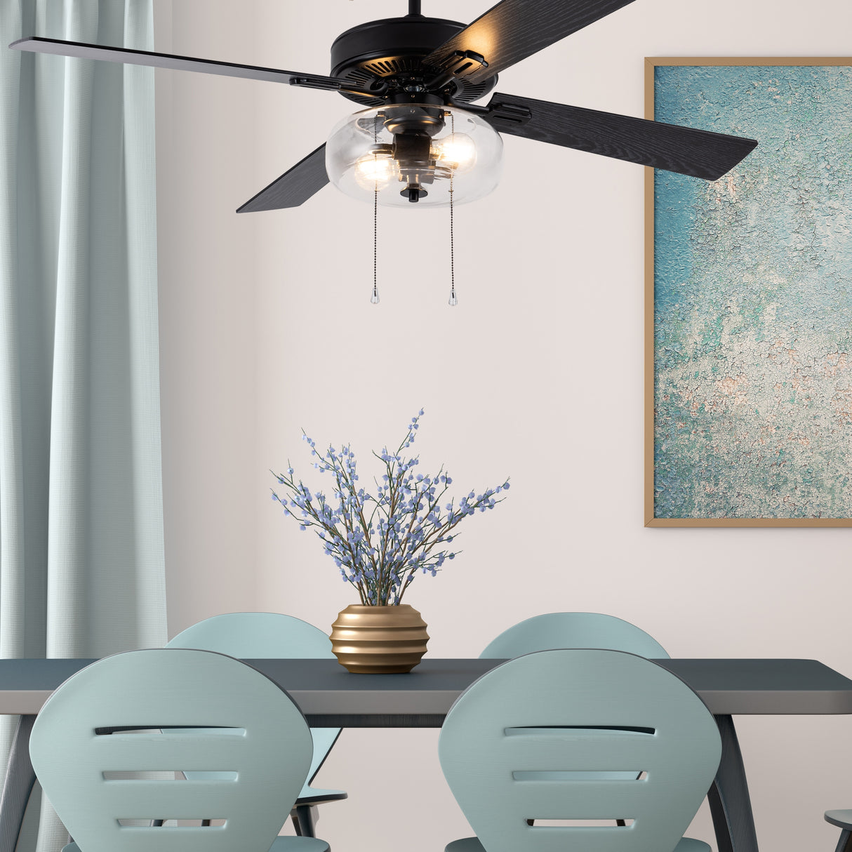 Aya River of Goods Black Metal and Glass 52-Inch Ceiling Fan with Light - 52" x 52" x 13.5"/18.5"