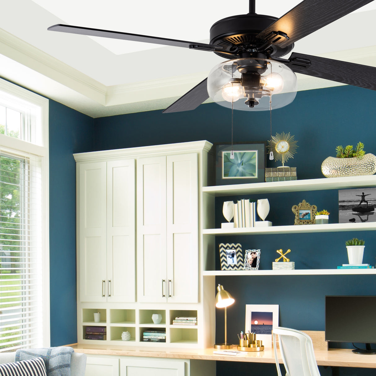 Aya River of Goods Black Metal and Glass 52-Inch Ceiling Fan with Light - 52" x 52" x 13.5"/18.5"