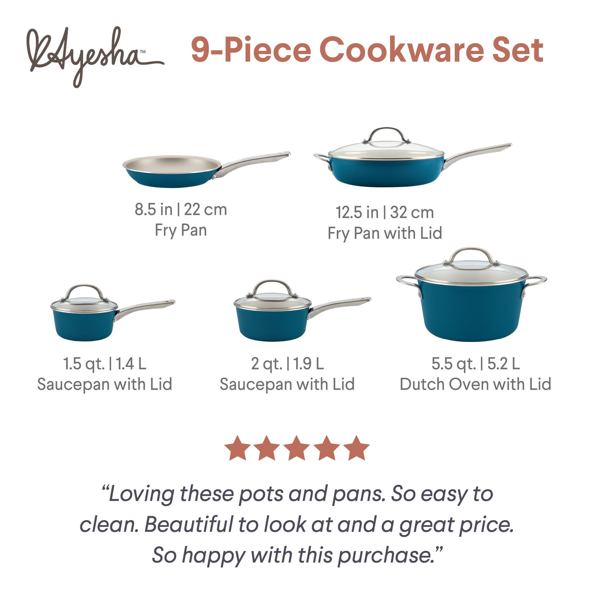 Ayesha Curry Home Collection Porcelain Enamel Nonstick Cookware Pots and Pans Set, 9-Piece