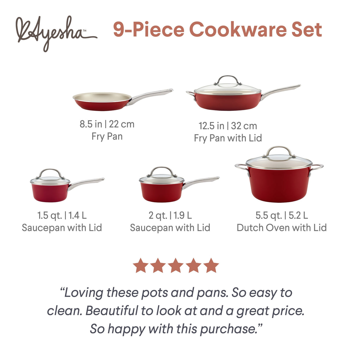 Ayesha Curry Home Collection Porcelain Enamel Nonstick Cookware Pots and Pans Set, 9-Piece