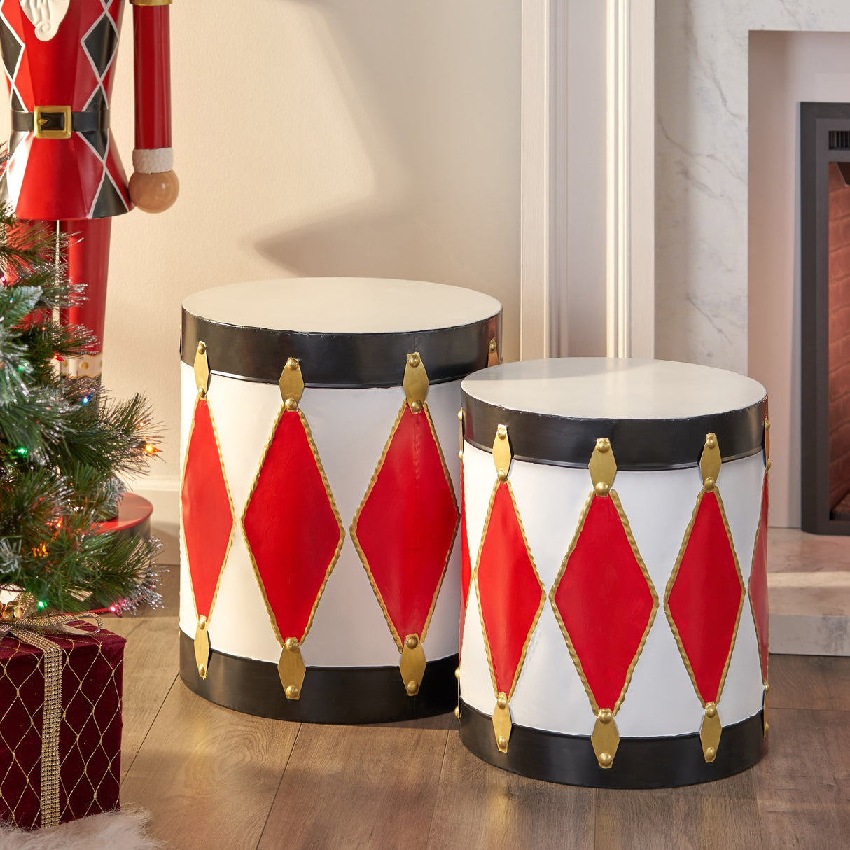 Ayr Indoor/Outdoor Toy Drum Decoration Set by Christopher Knight Home, Red and White