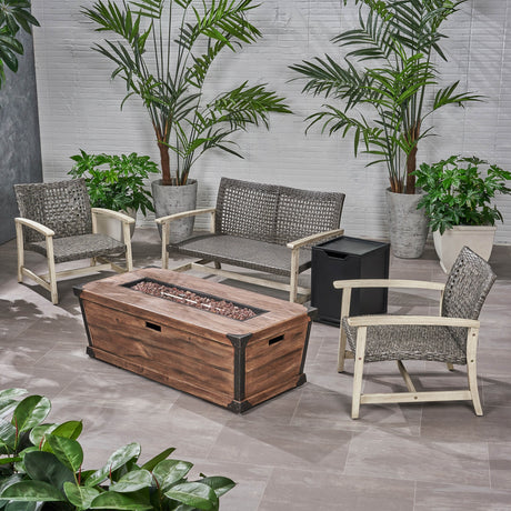 Azalea Outdoor 3 Piece Wood and Wicker Chat Set with Fire Pit by Christopher Knight Home