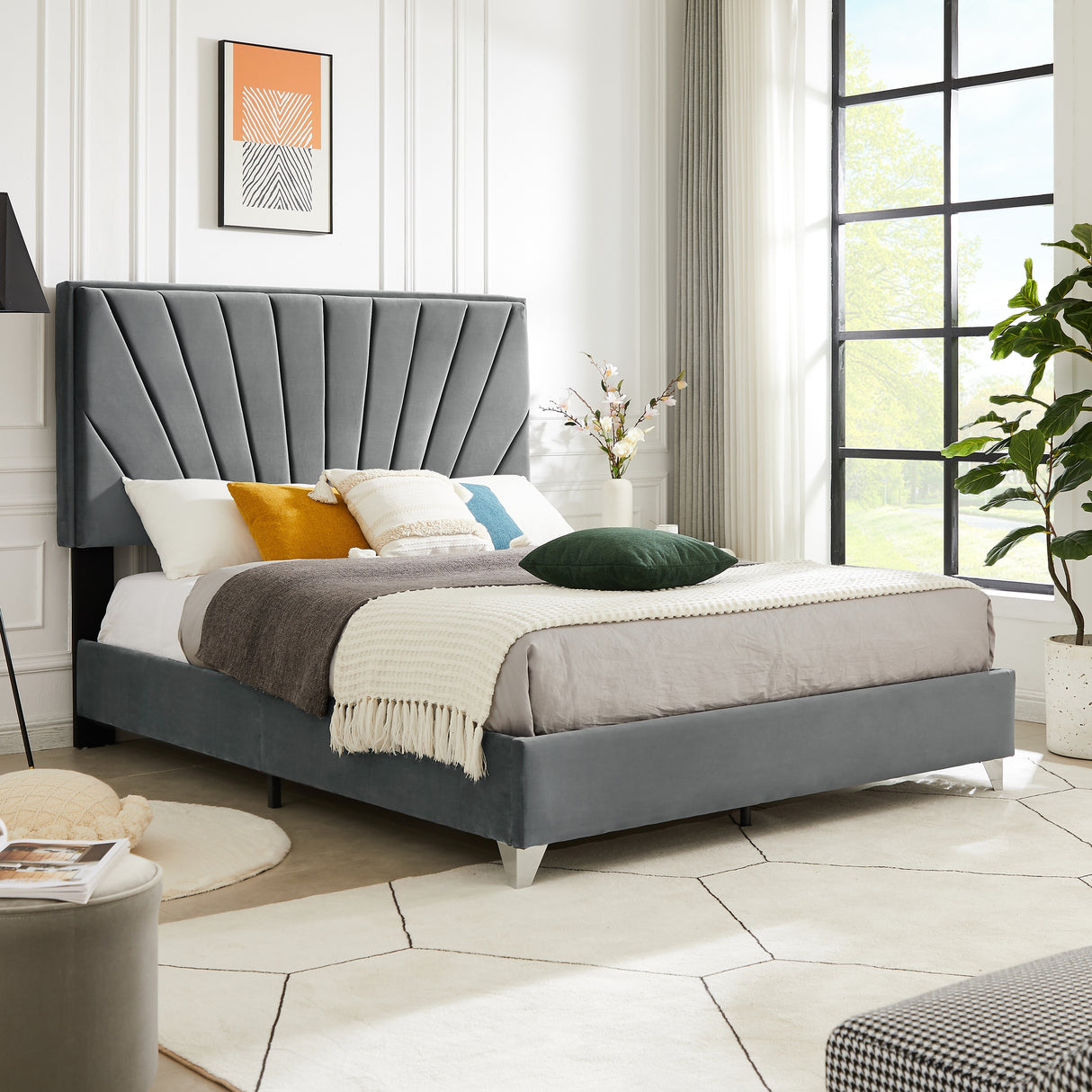 Sunburst Tufted Velvet Upholstered Platform Bed