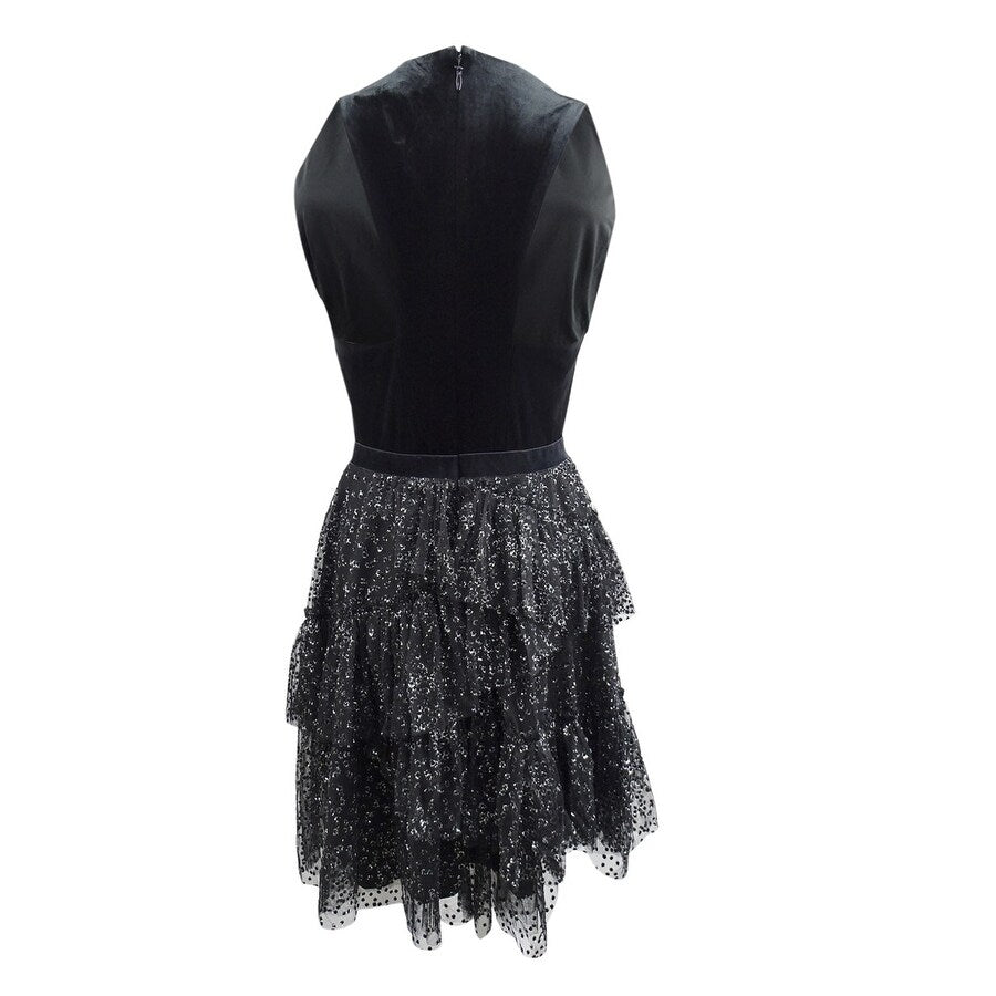 BCBGMAXAZRIA Women's Plunging Velvet and Metallic Dress (S, Black)