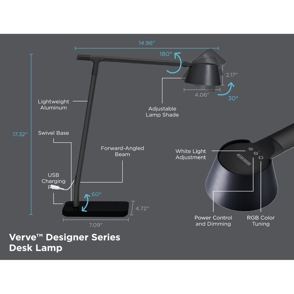 BLACK+DECKER Desk Lamp with USB Charging Port, Automatic Circadian Lighting + 16M RGB Colors, High Quality LED's