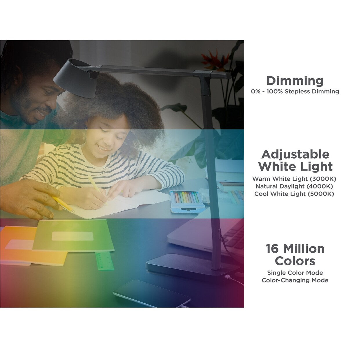BLACK+DECKER Desk Lamp with USB Charging Port, Automatic Circadian Lighting + 16M RGB Colors, High Quality LED's