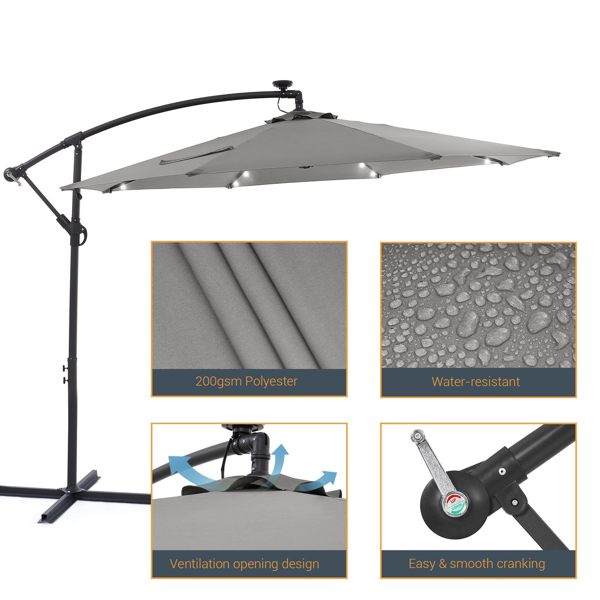 BONOSUKI 10ft Patio offset Umbrella Hanging Umbrella With LED Lights