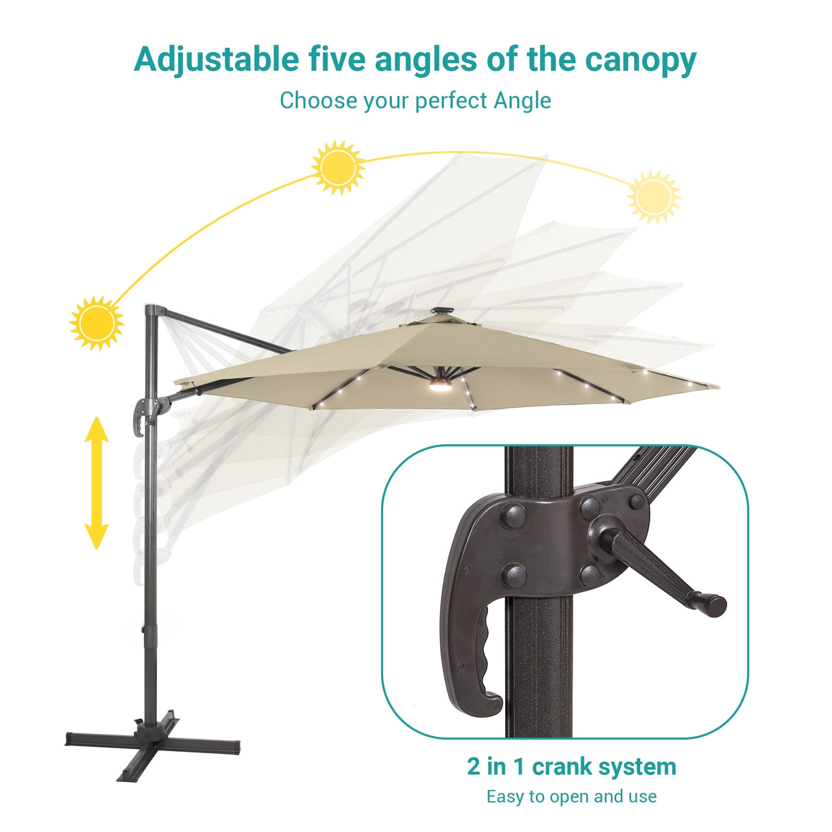 BONOSUKI 11FT LED Cantilever Patio Umbrella Angle Adjustment