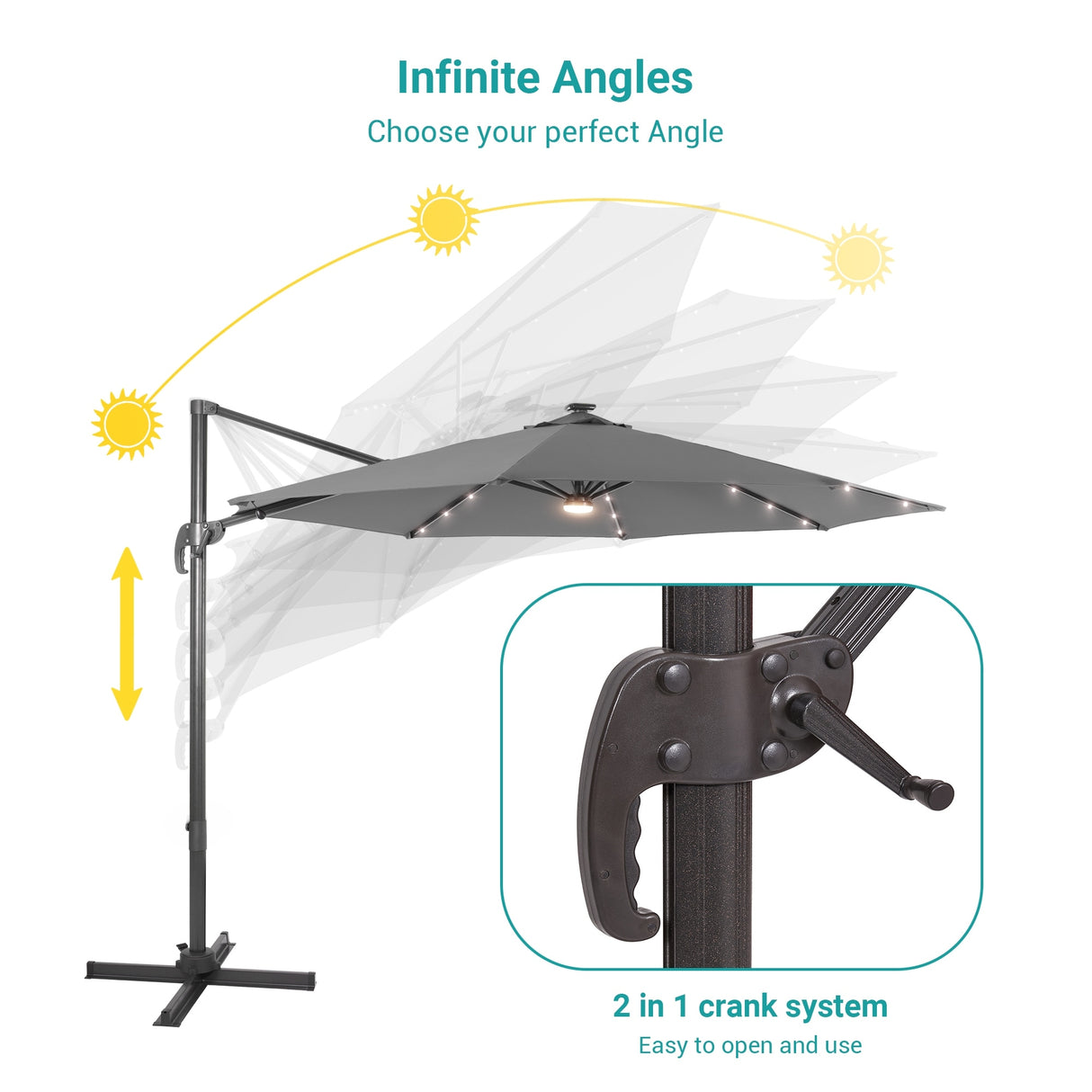 BONOSUKI 11FT LED Cantilever Patio Umbrella Angle Adjustment