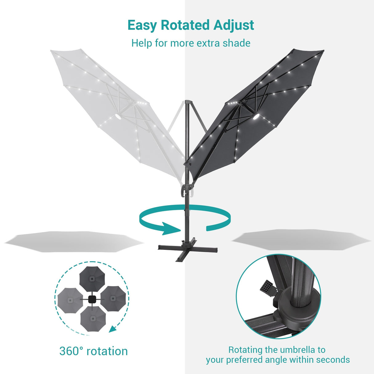 BONOSUKI 11FT LED Cantilever Patio Umbrella Angle Adjustment