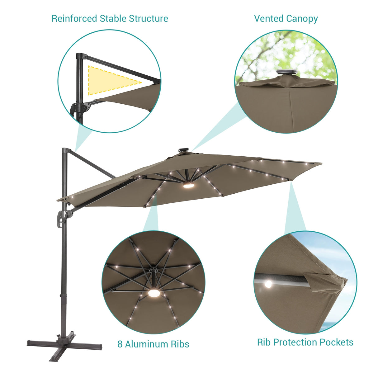 BONOSUKI 11FT LED Cantilever Patio Umbrella Angle Adjustment
