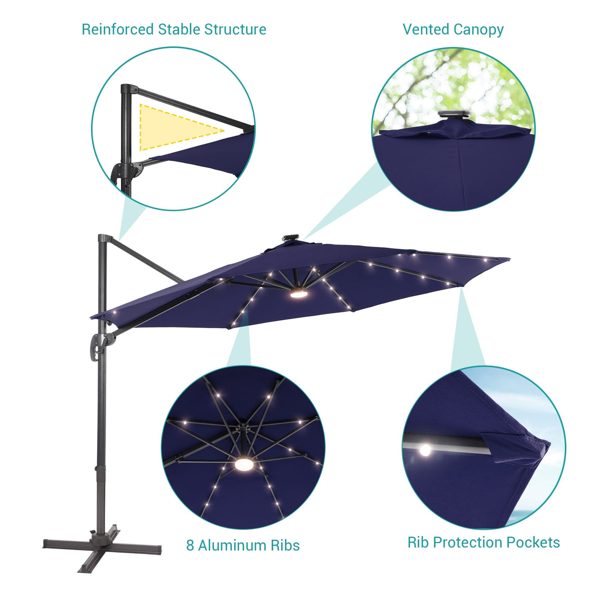 BONOSUKI 11FT LED Cantilever Patio Umbrella Angle Adjustment