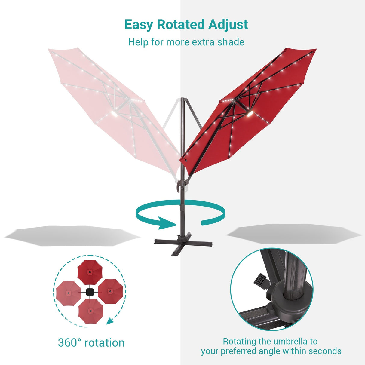 BONOSUKI 11FT LED Cantilever Patio Umbrella Angle Adjustment