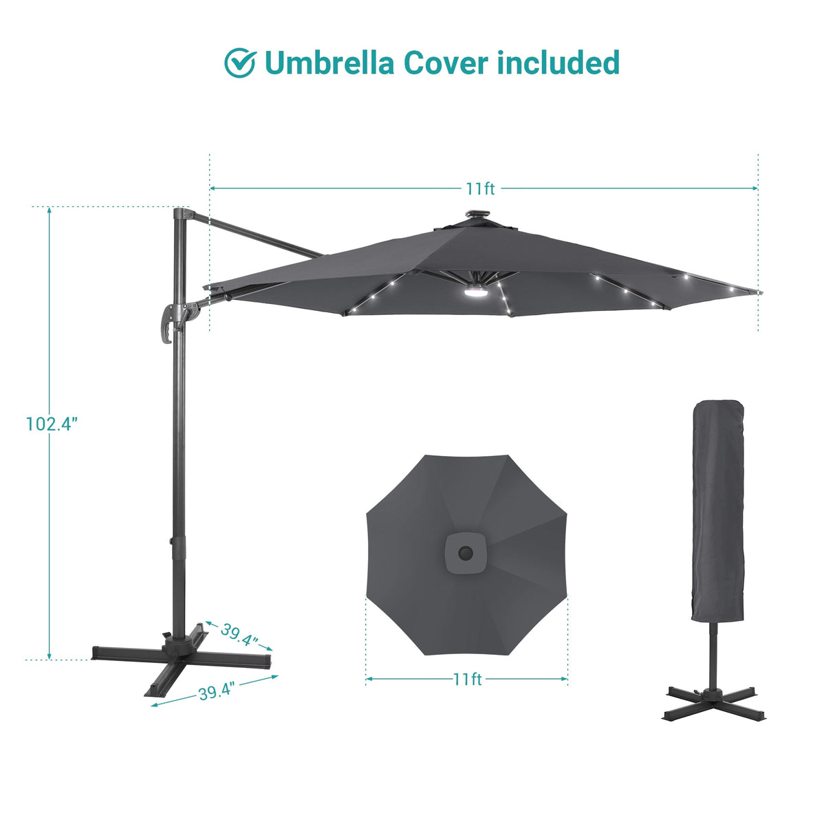BONOSUKI 11FT LED Cantilever Patio Umbrella Angle Adjustment