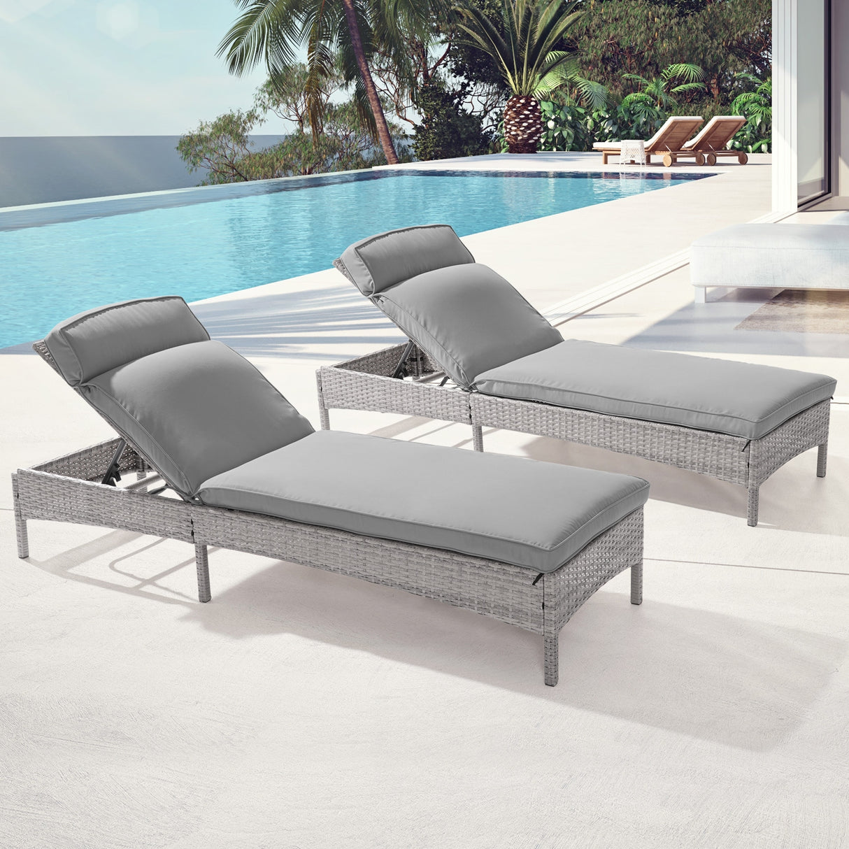 BONOSUKI 2Pcs Outdoor Lounge Chaise Rattan Chair Weather-Resistant
