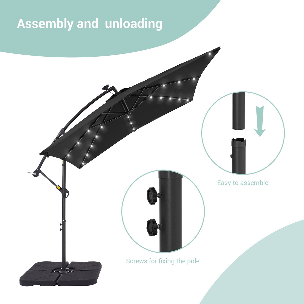 BONOSUKI 8.2Ft Solar Powered Cantilever Patio Umbrella With Base