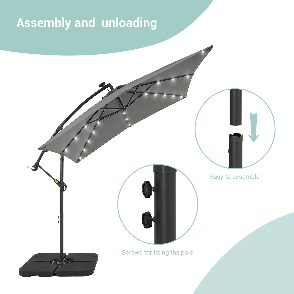 BONOSUKI 8.2Ft Solar Powered Cantilever Patio Umbrella With Base