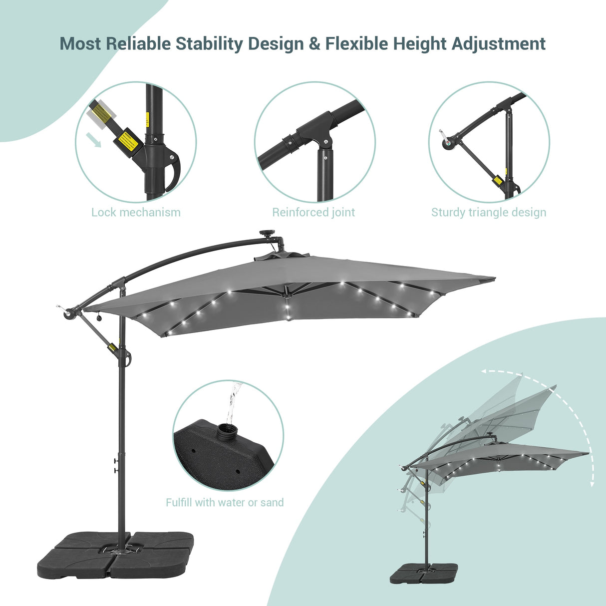 BONOSUKI 8.2Ft Solar Powered Cantilever Patio Umbrella With Base