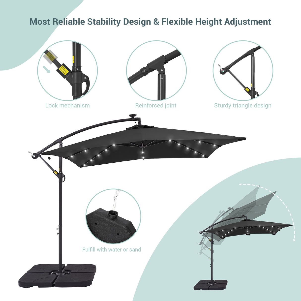 BONOSUKI 8.2Ft Solar Powered Cantilever Patio Umbrella With Base