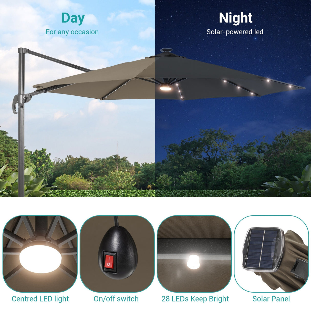 BONOSUKI LED 10FT Patio Cantilever 360 Roration Offset Umbrella