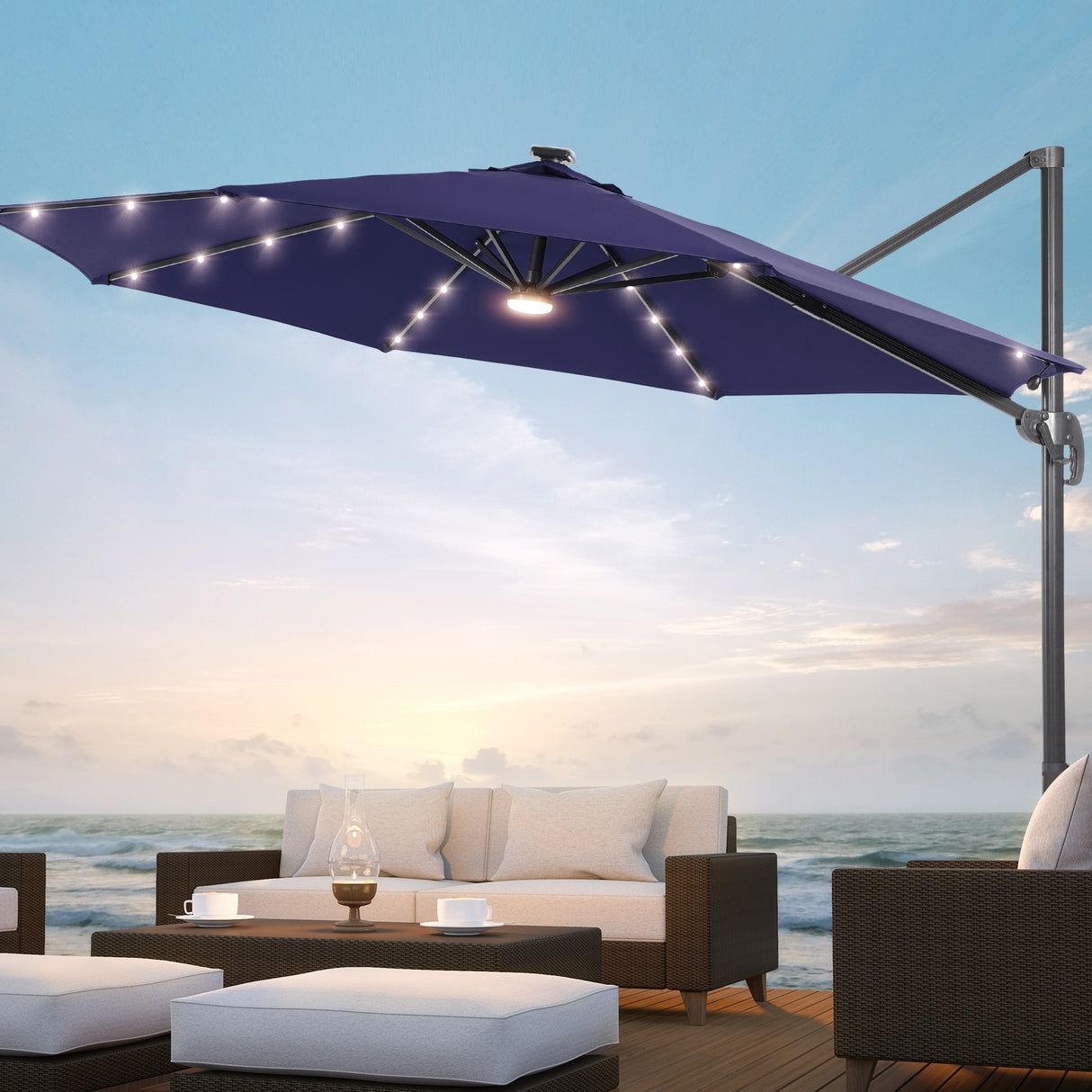 BONOSUKI LED 10FT Patio Cantilever 360 Roration Offset Umbrella