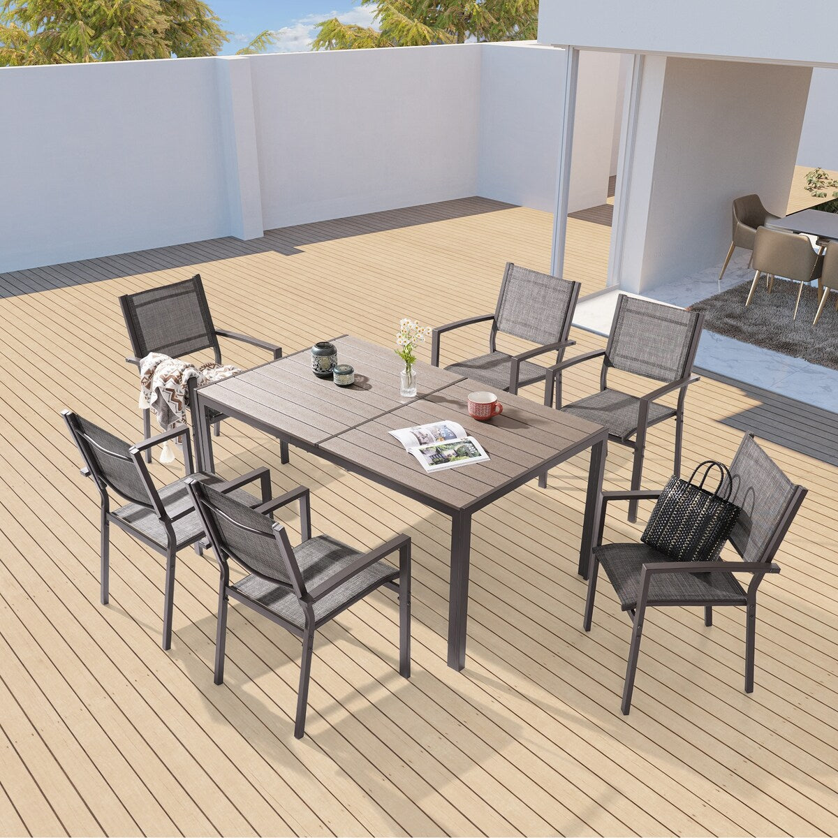 BONOSUKI Outdoor 7-Piece Dining Set Textilene Fabric w/Powder-coated
