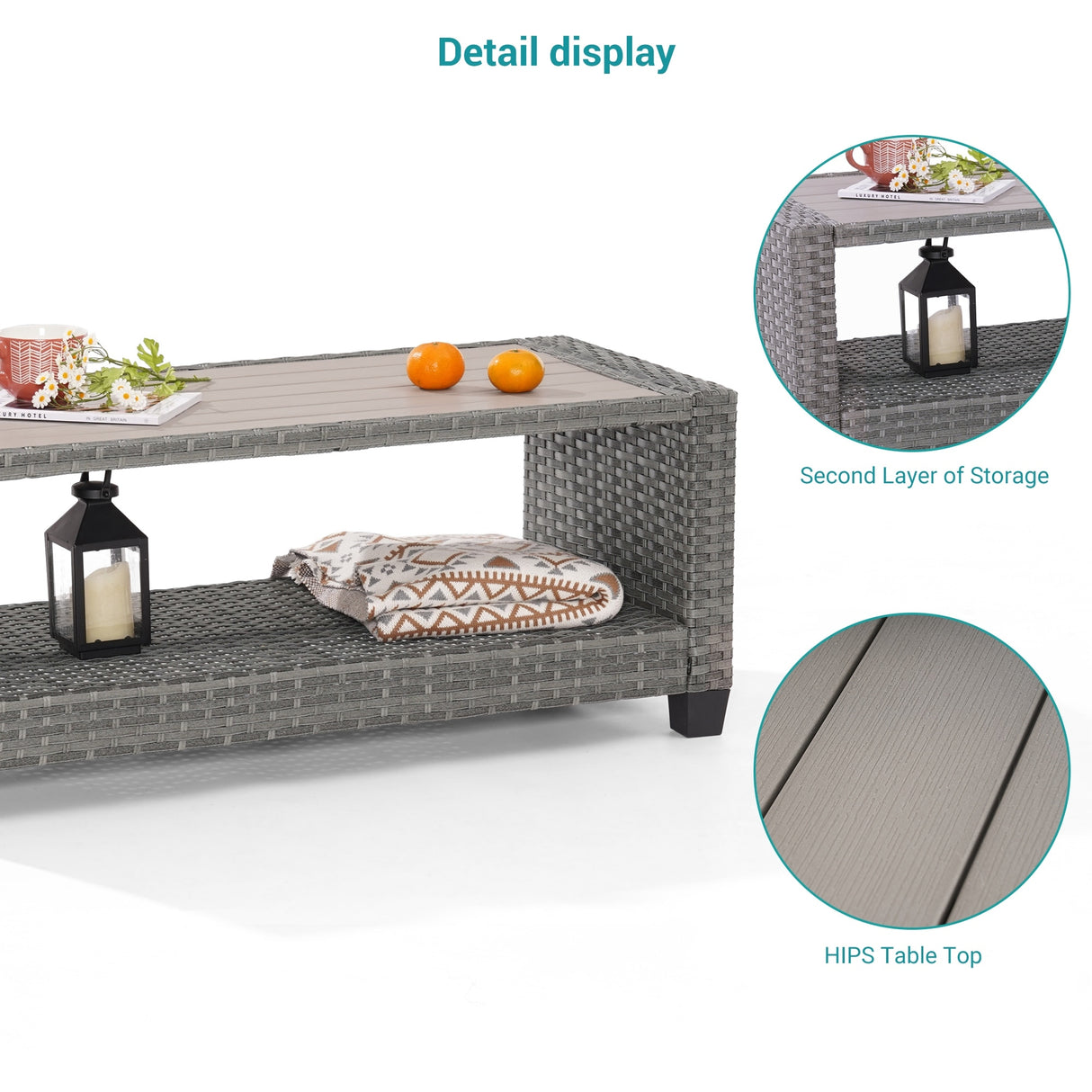 BONOSUKI Outdoor PE Rattan Side Table,Rectangular Coffee HIPS Tabletop