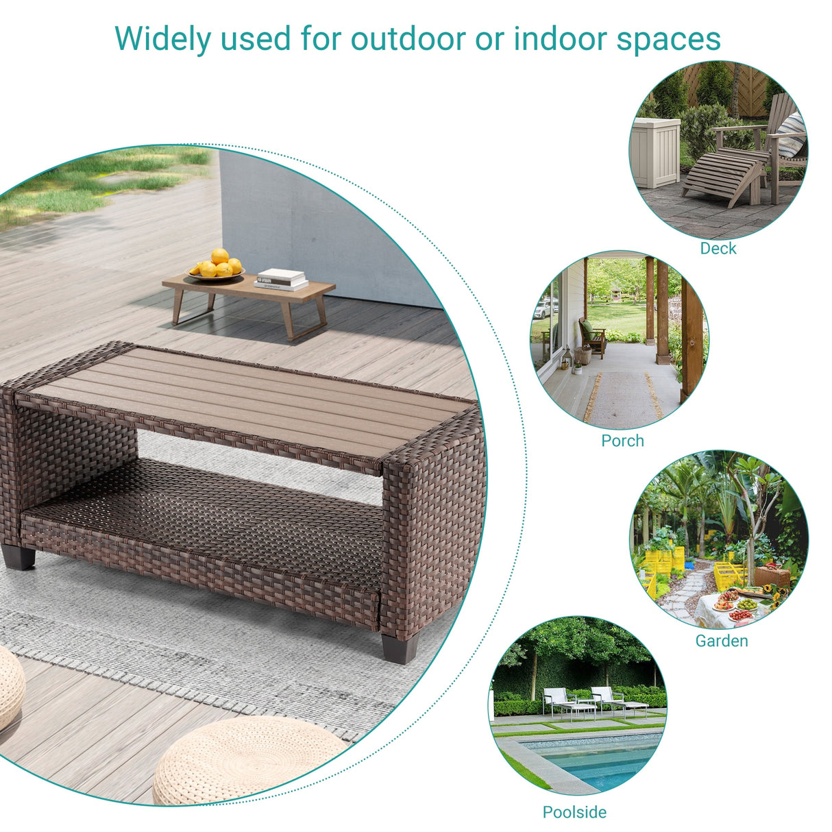 BONOSUKI Outdoor PE Rattan Side Table,Rectangular Coffee HIPS Tabletop