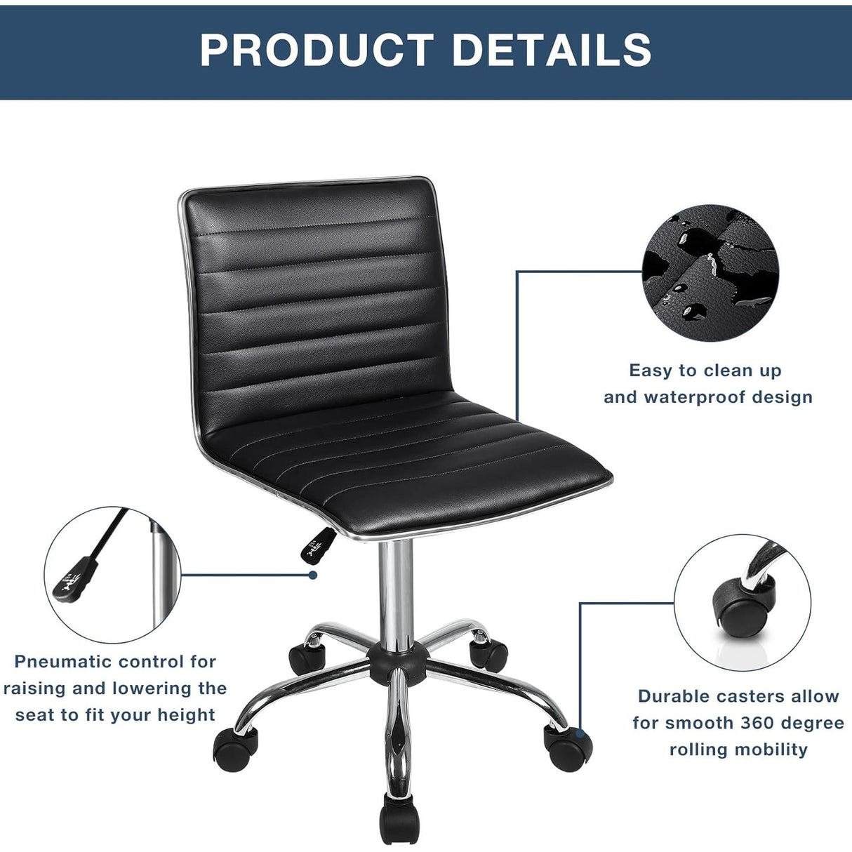 BOSSIN Adjustable Home Office Chair, Mid-Back Armless Ribbed Swivel Task Chair,Vanity Chair for Small Space, Livingroom Make-up