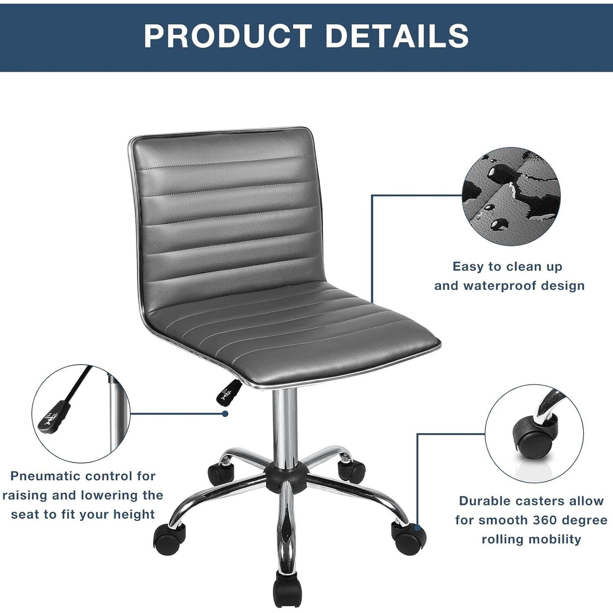 BOSSIN Adjustable Home Office Chair, Mid-Back Armless Ribbed Swivel Task Chair,Vanity Chair for Small Space, Livingroom Make-up