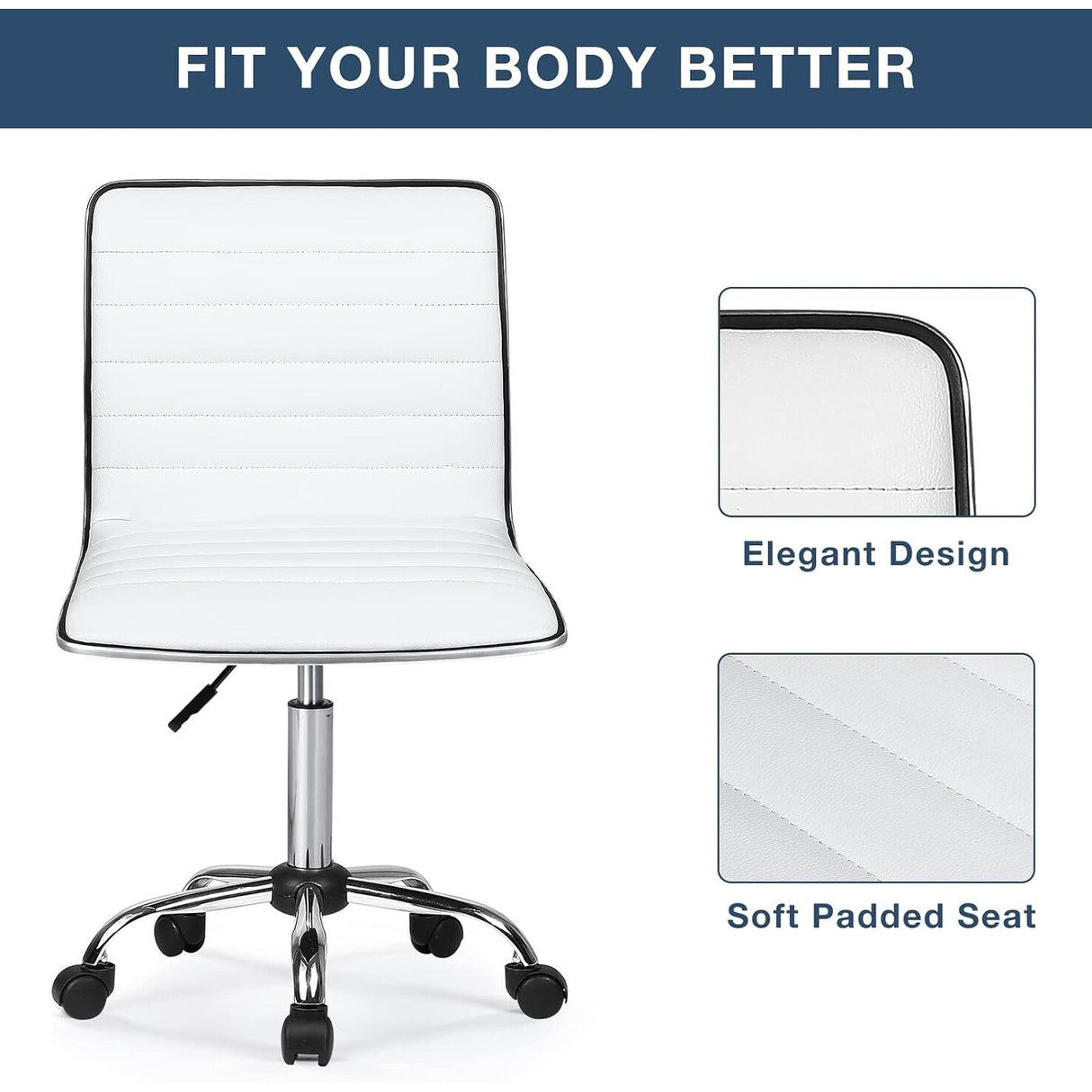 BOSSIN Adjustable Home Office Chair, Mid-Back Armless Ribbed Swivel Task Chair,Vanity Chair for Small Space, Livingroom Make-up