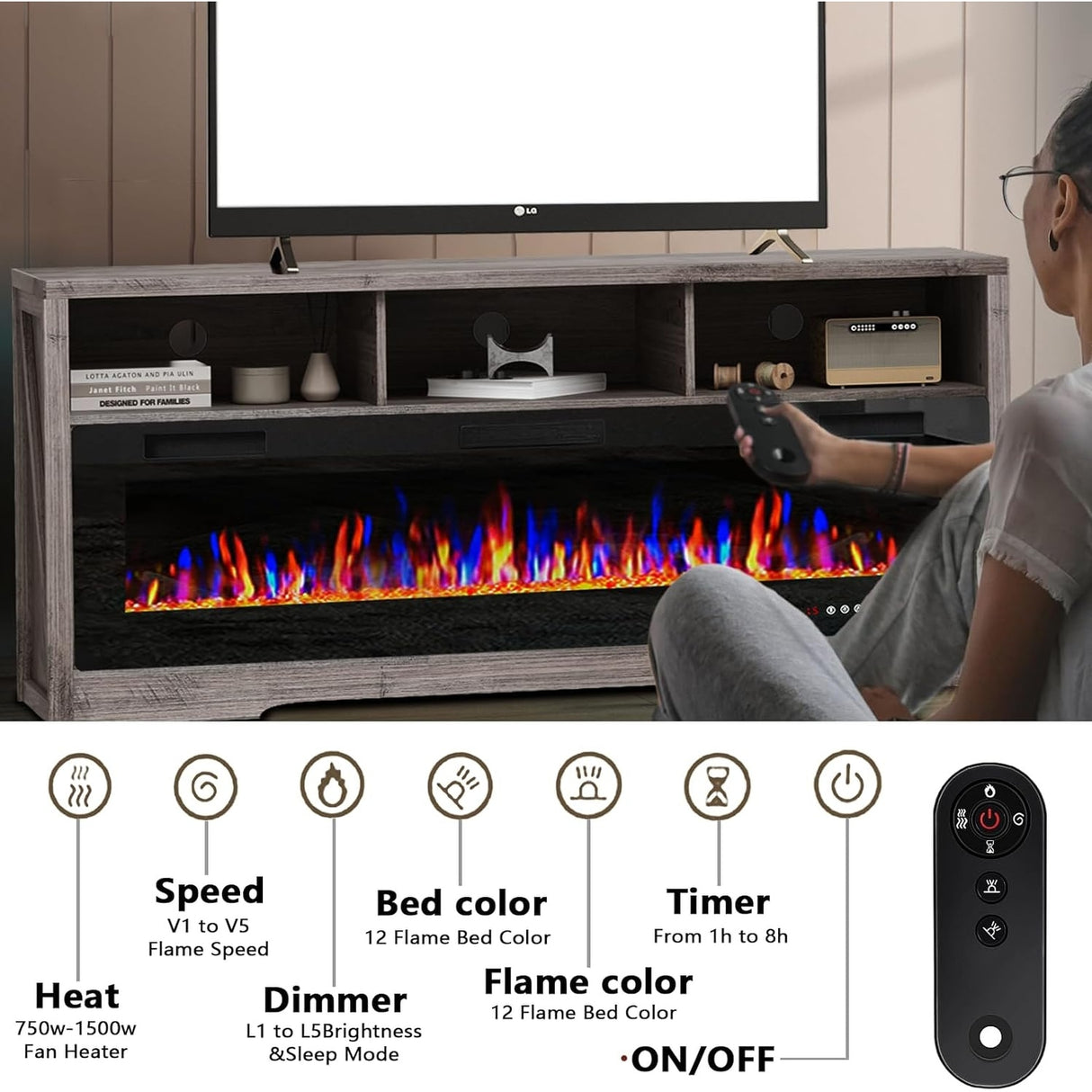 BOSSIN Fireplace 65" TV Stand for TVs Up to 75" TV with 60" Electric Fireplace,Entertainment Center with Open Shelve Storage