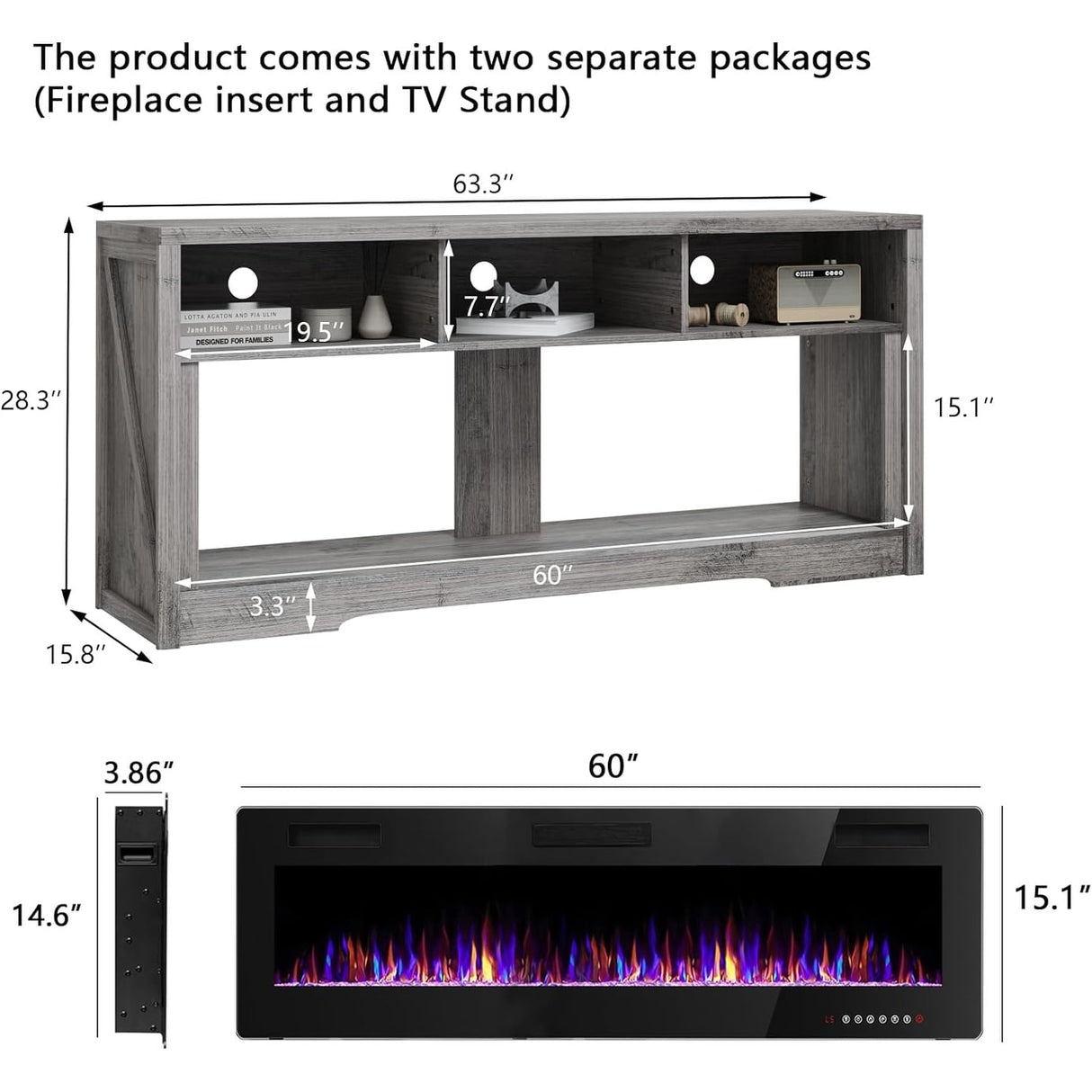 BOSSIN Fireplace 65" TV Stand for TVs Up to 75" TV with 60" Electric Fireplace,Entertainment Center with Open Shelve Storage