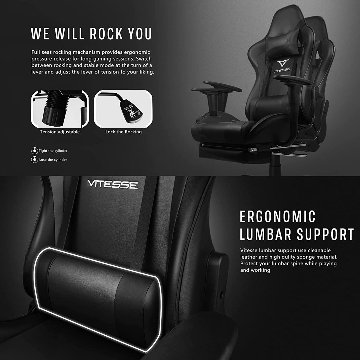 BOSSIN Gaming Chair Ergonomic Video Game Chair High Back Racing Style Chair with Armrest and Footrest