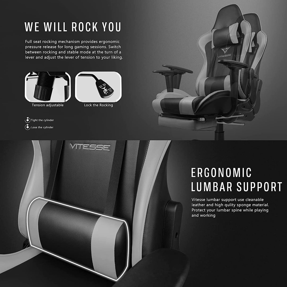 BOSSIN Gaming Chair Ergonomic Video Game Chair High Back Racing Style Chair with Armrest and Footrest