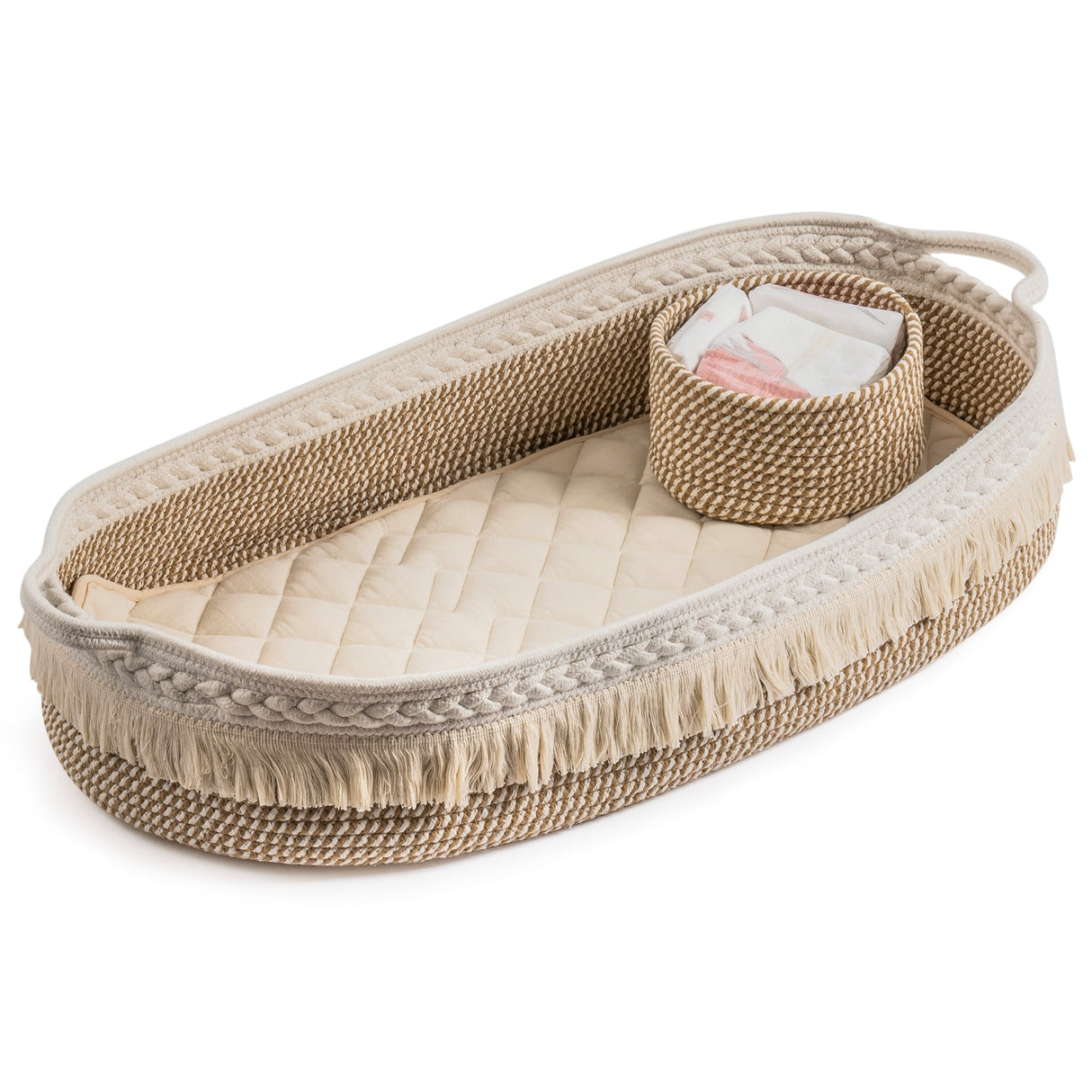 Baby Changing Basket, Handmade Woven Cotton Rope Moses Basket, Changing Table Topper with Mattress Pad