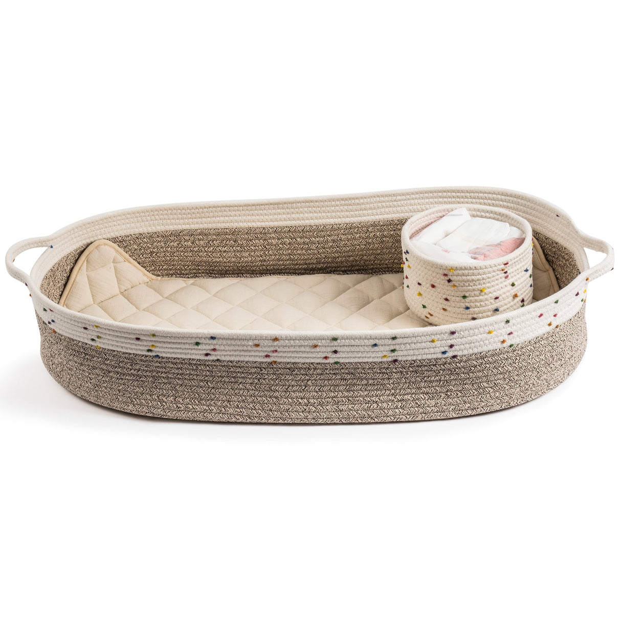 Baby Changing Basket, Handmade Woven Cotton Rope Moses Basket, Changing Table Topper with Mattress Pad