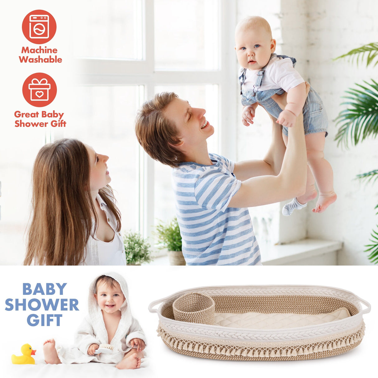 Baby Changing Basket, Handmade Woven Cotton Rope Moses Basket, Changing Table Topper with Mattress Pad