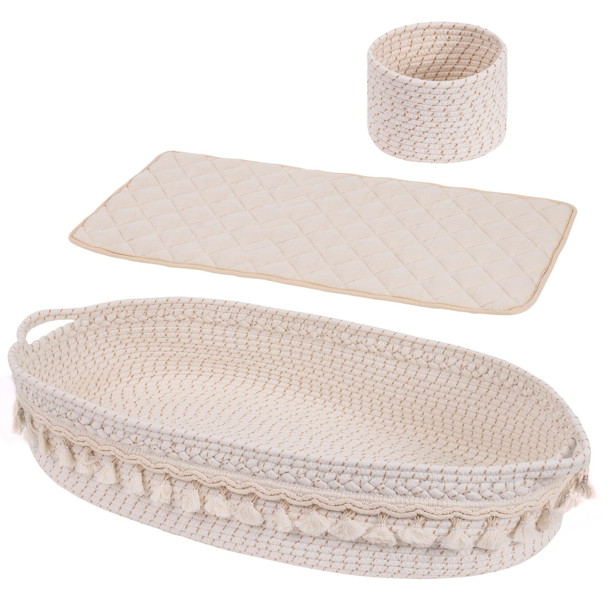 Baby Changing Basket, Handmade Woven Cotton Rope Moses Basket, Changing Table Topper with Mattress Pad
