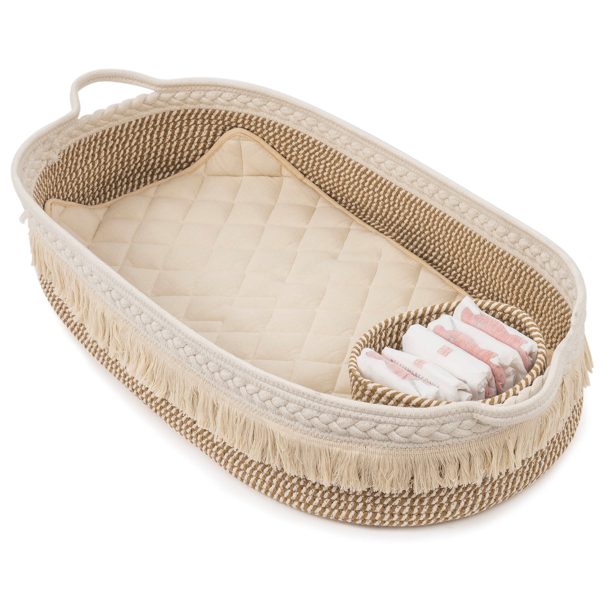 Baby Changing Basket, Handmade Woven Cotton Rope Moses Basket, Changing Table Topper with Mattress Pad