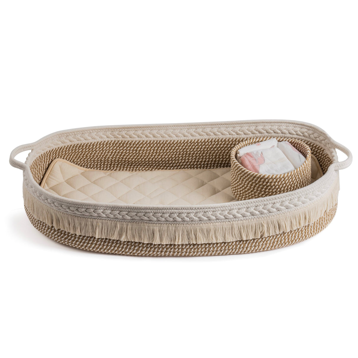 Baby Changing Basket, Handmade Woven Cotton Rope Moses Basket, Changing Table Topper with Mattress Pad