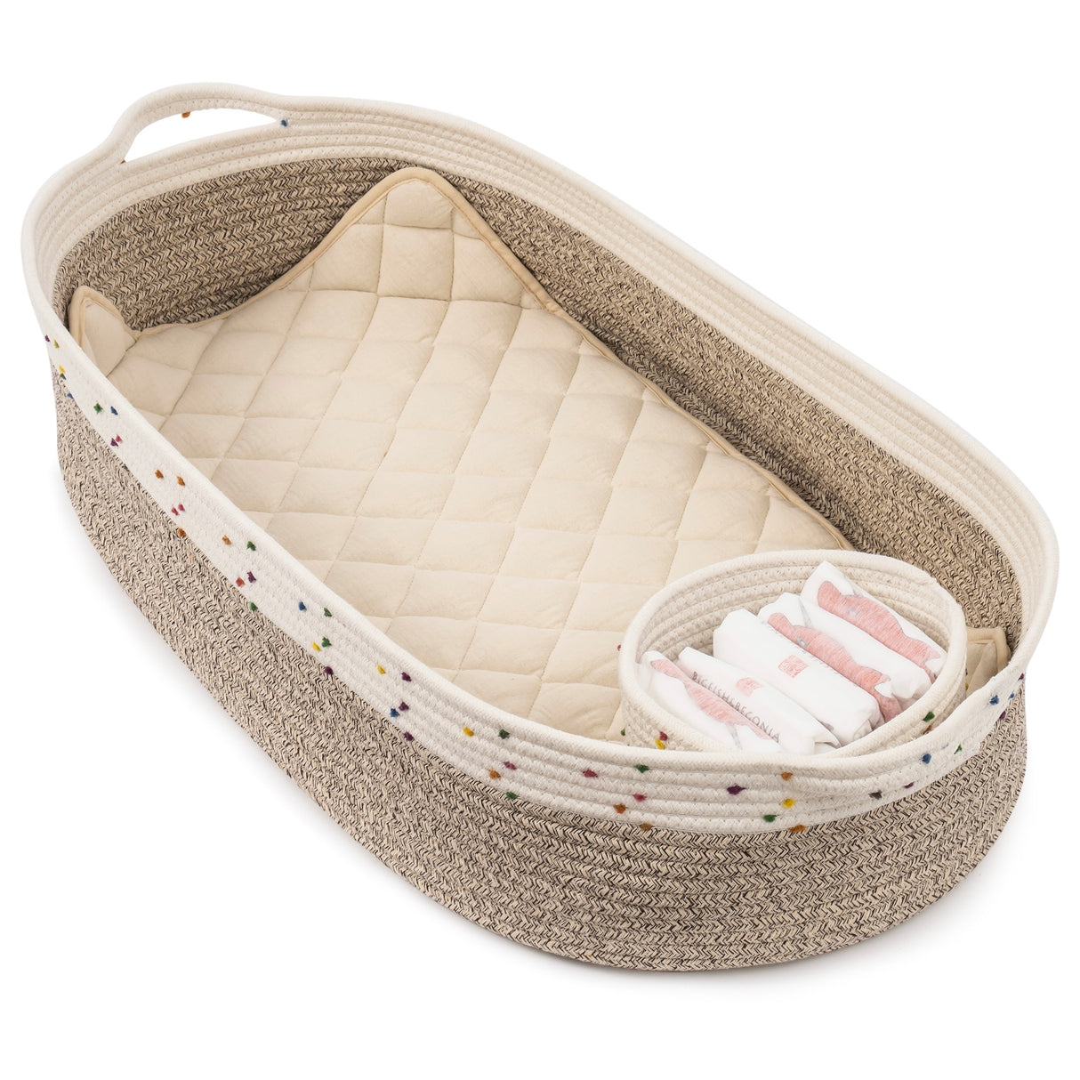 Baby Changing Basket, Handmade Woven Cotton Rope Moses Basket, Changing Table Topper with Mattress Pad