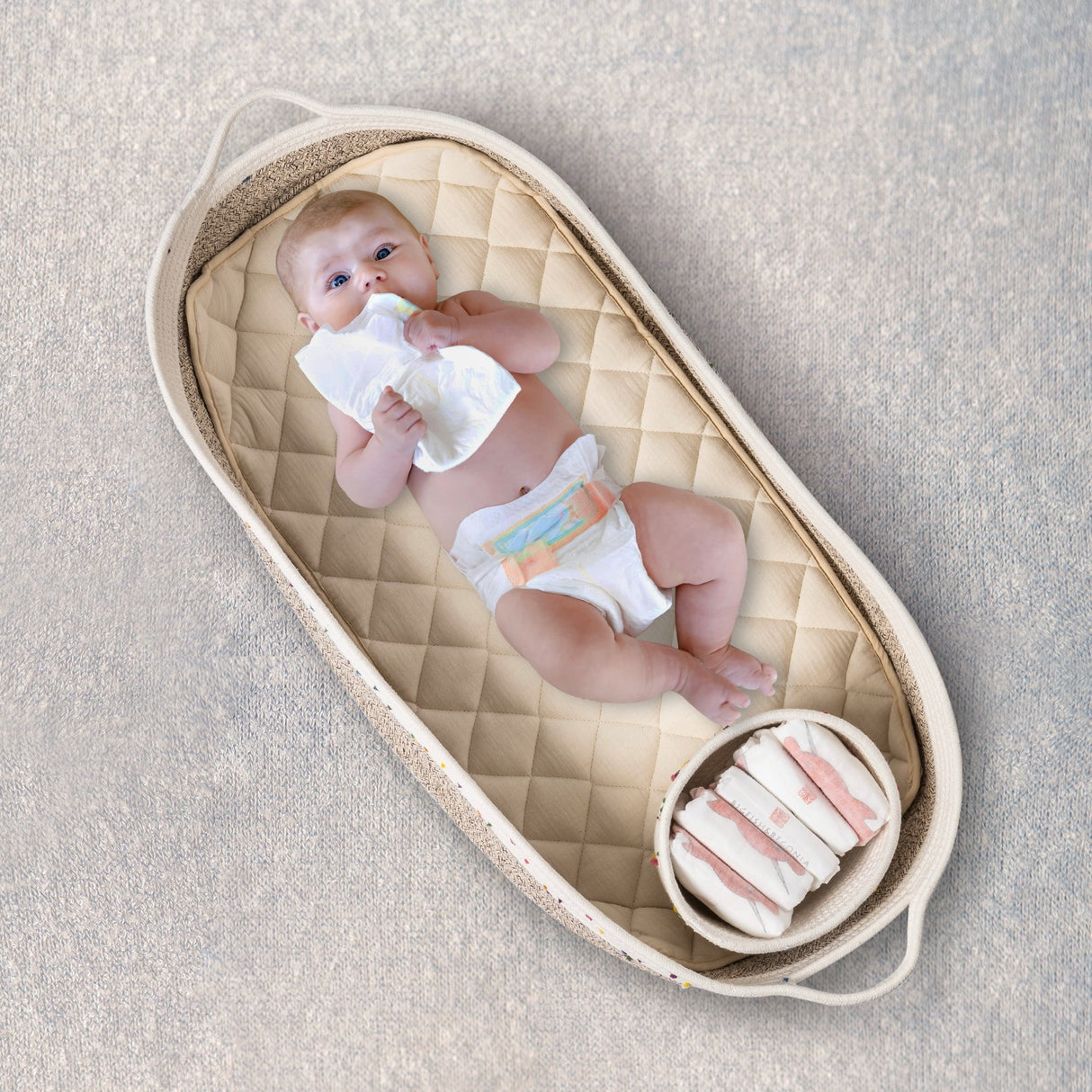 Baby Changing Basket, Handmade Woven Cotton Rope Moses Basket, Changing Table Topper with Mattress Pad