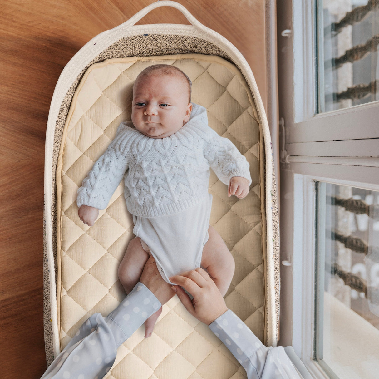Baby Changing Basket, Handmade Woven Cotton Rope Moses Basket, Changing Table Topper with Mattress Pad