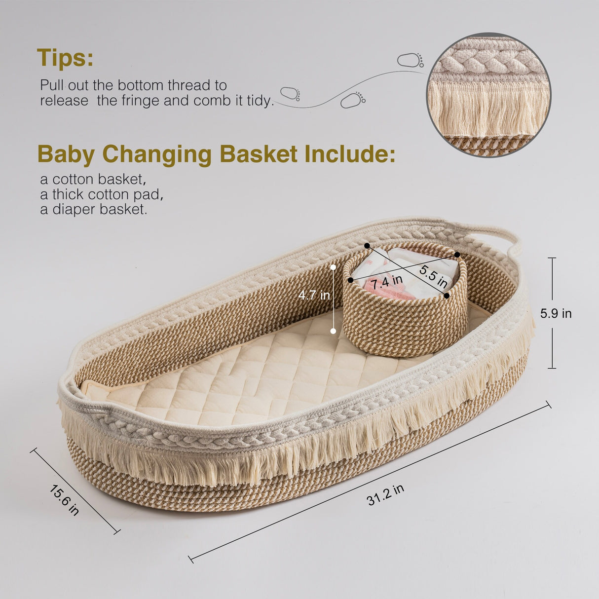 Baby Changing Basket, Handmade Woven Cotton Rope Moses Basket, Changing Table Topper with Mattress Pad